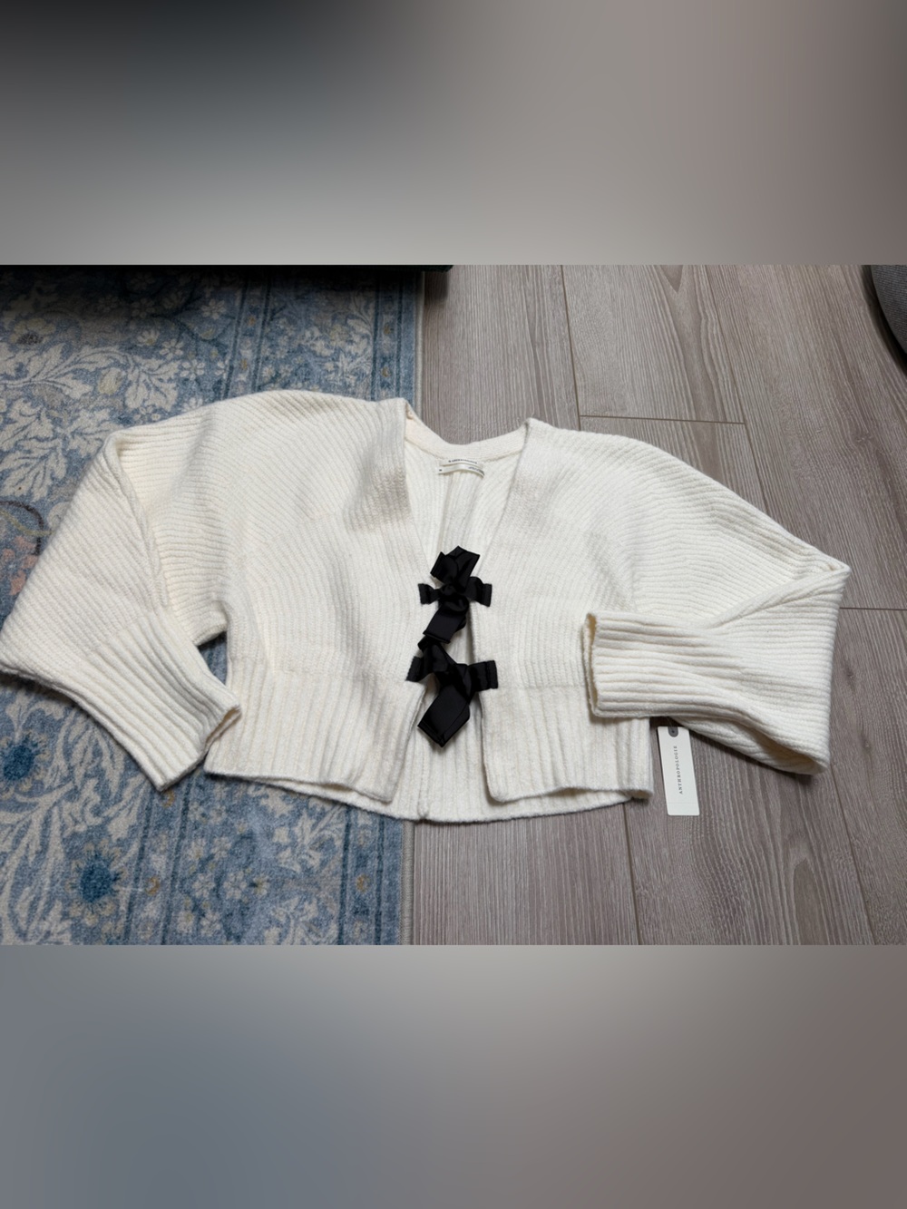 Anthropologie Rhea Bow-Front Crop Cardigan Sweater black ribbon ribbed knit - Picture 3 of 7